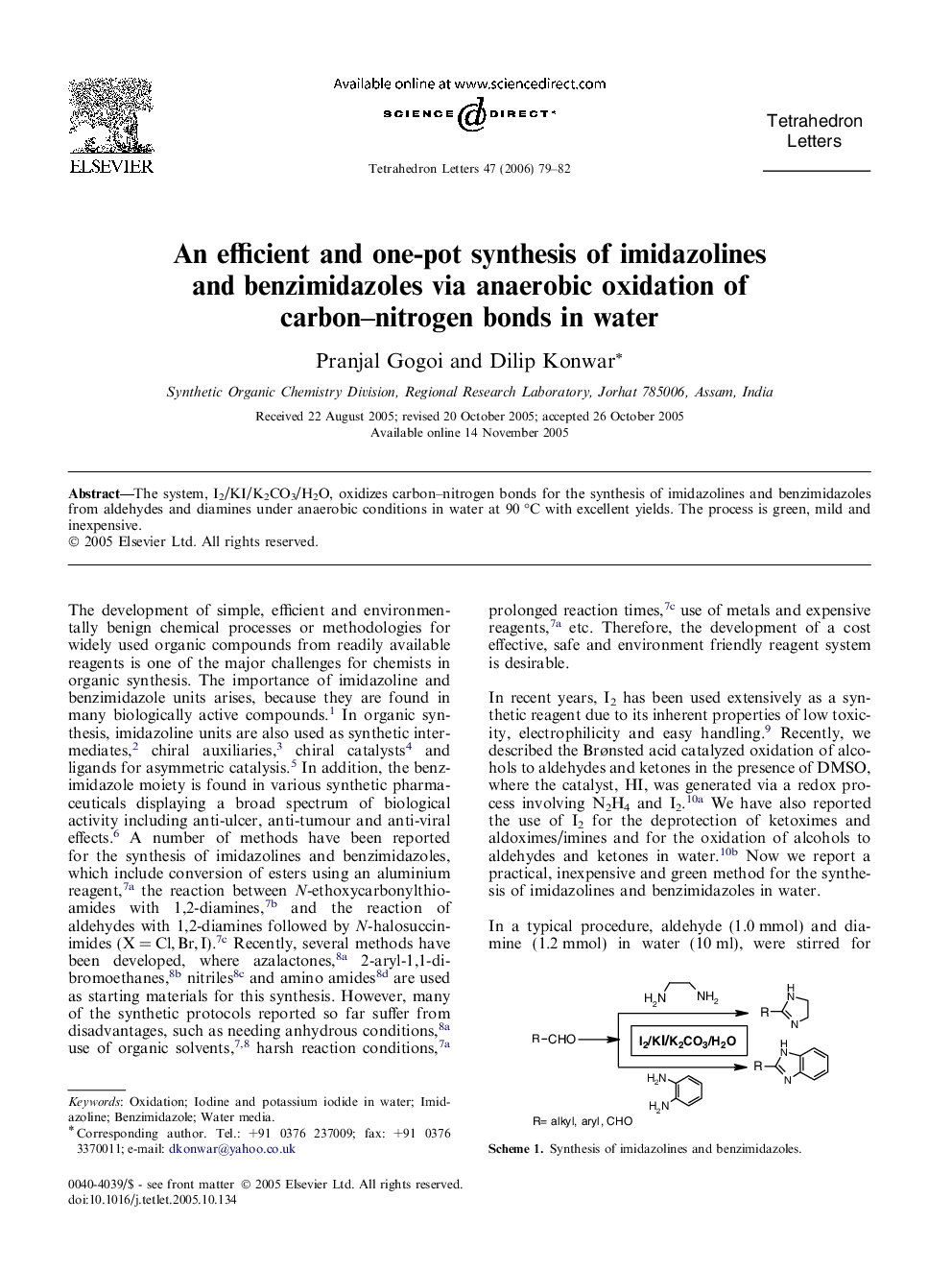 An efficient and one-pot synthesis of imidazolines and benzimidazoles via anaerobic oxidation of carbon-nitrogen bonds in water