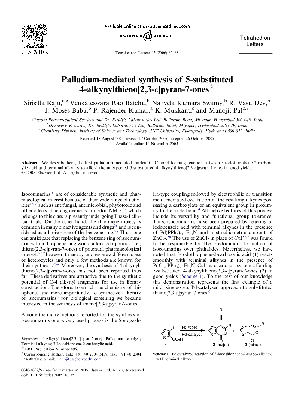 Palladium-mediated synthesis of 5-substituted 4-alkynylthieno[2,3-c]pyran-7-ones