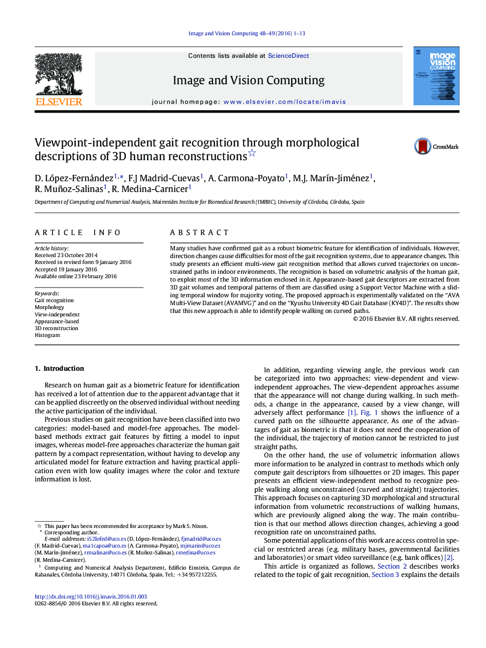 Viewpoint-independent gait recognition through morphological descriptions of 3D human reconstructions *