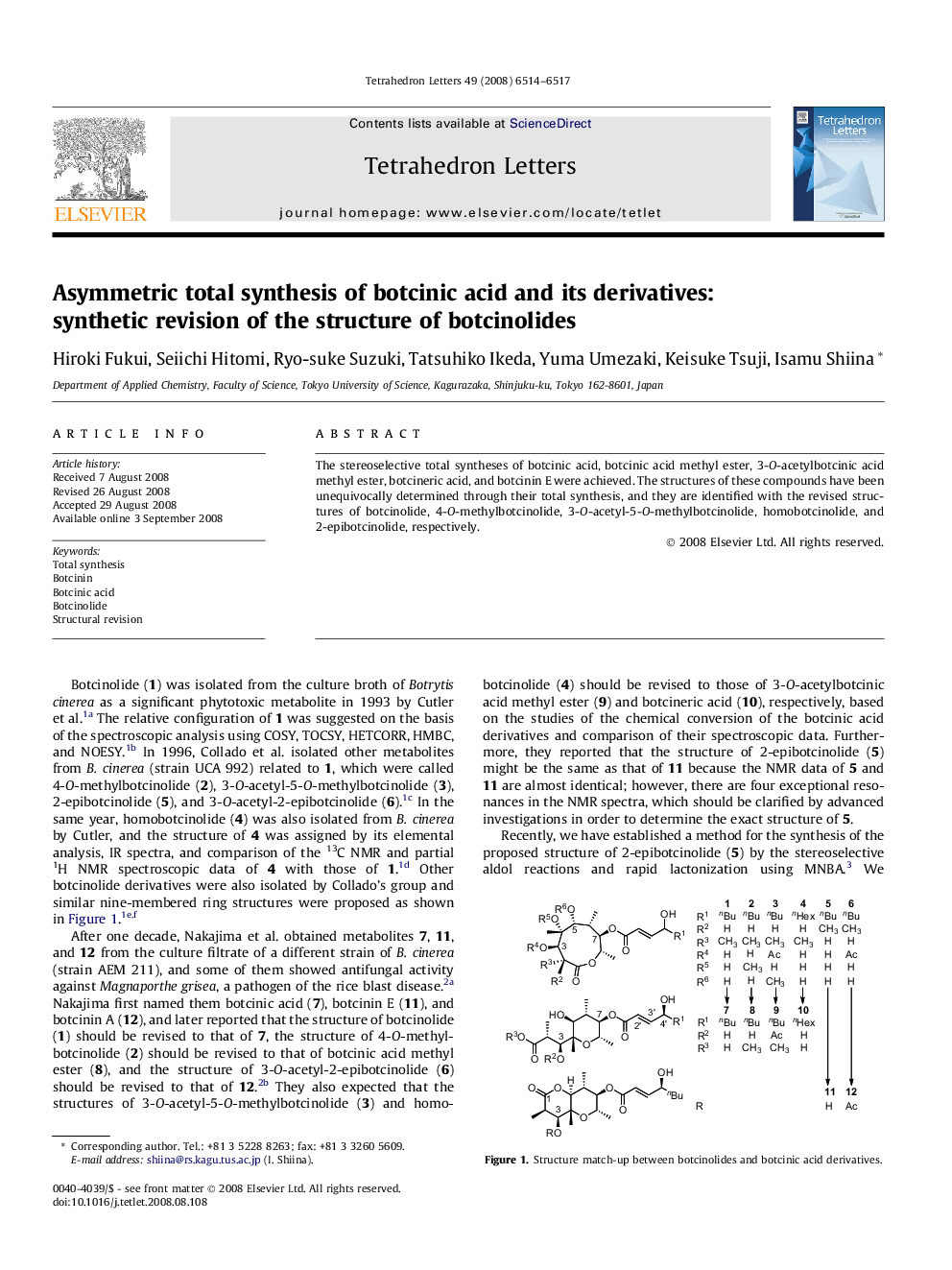 Asymmetric total synthesis of botcinic acid and its derivatives: synthetic revision of the structure of botcinolides