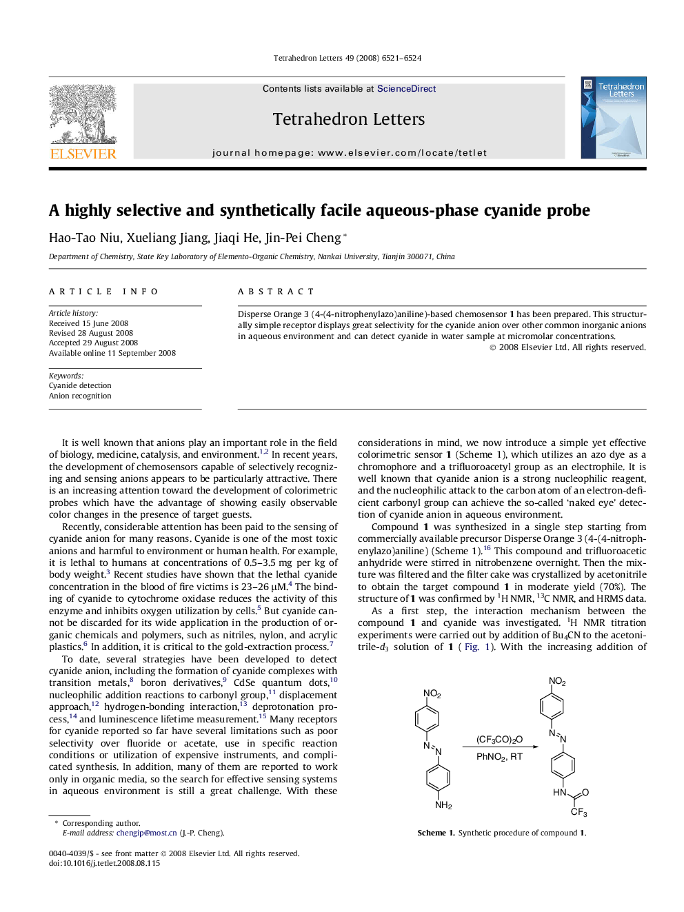 A highly selective and synthetically facile aqueous-phase cyanide probe