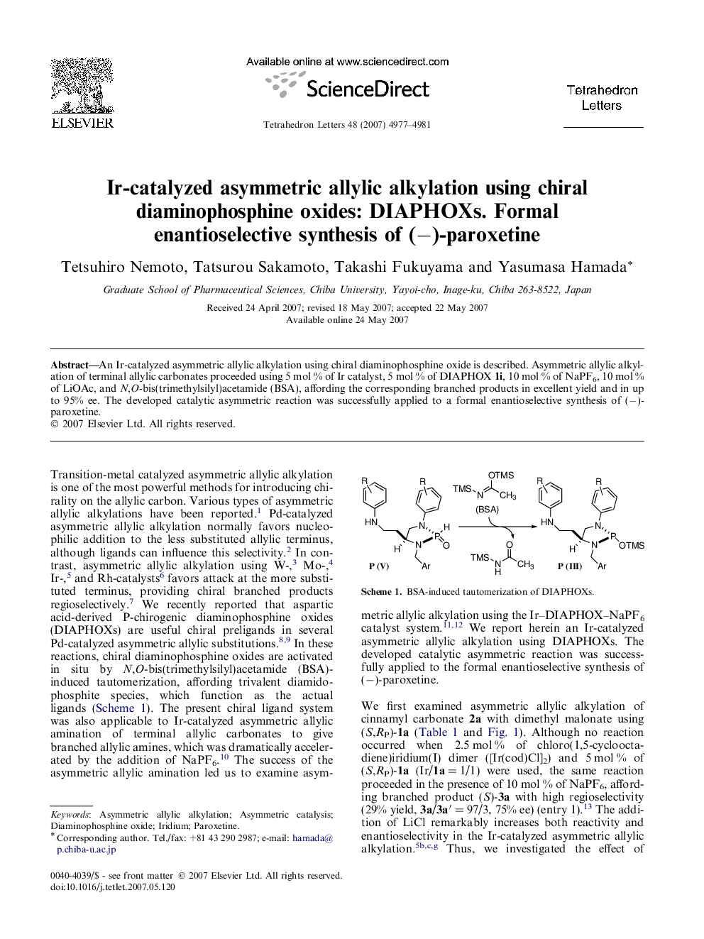 Ir-catalyzed asymmetric allylic alkylation using chiral diaminophosphine oxides: DIAPHOXs. Formal enantioselective synthesis of (â)-paroxetine