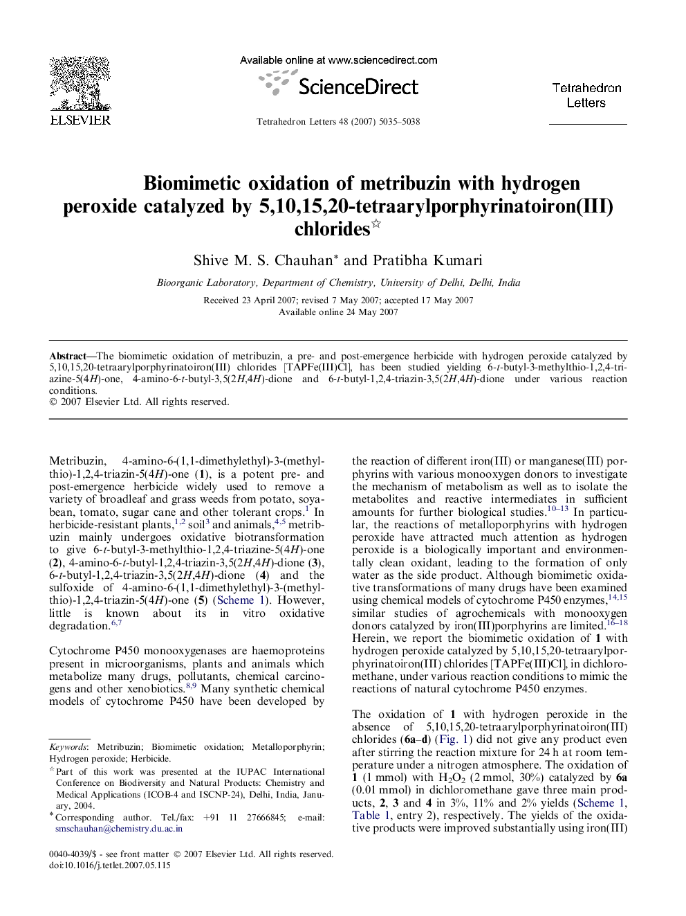 Biomimetic oxidation of metribuzin with hydrogen peroxide catalyzed by 5,10,15,20-tetraarylporphyrinatoiron(III) chlorides