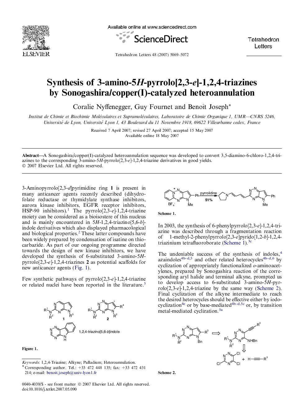 Synthesis of 3-amino-5H-pyrrolo[2,3-e]-1,2,4-triazines by Sonogashira/copper(I)-catalyzed heteroannulation