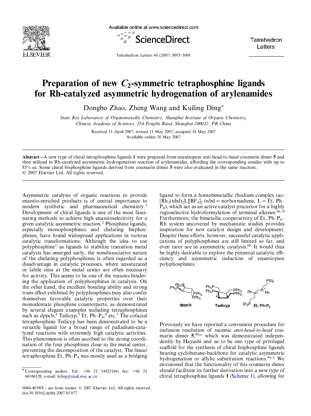 Preparation of new C2-symmetric tetraphosphine ligands for Rh-catalyzed asymmetric hydrogenation of arylenamides