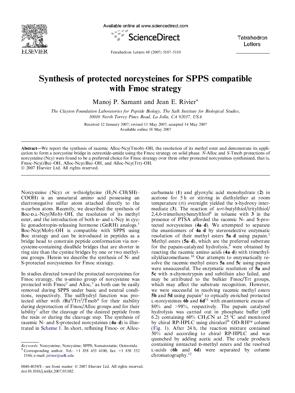 Synthesis of protected norcysteines for SPPS compatible with Fmoc strategy