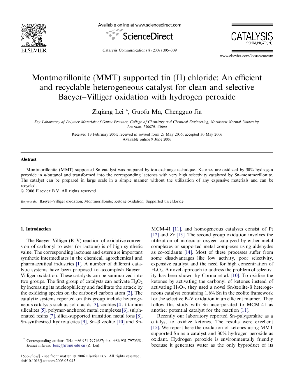 Montmorillonite (MMT) supported tin (II) chloride: An efficient and recyclable heterogeneous catalyst for clean and selective Baeyer–Villiger oxidation with hydrogen peroxide