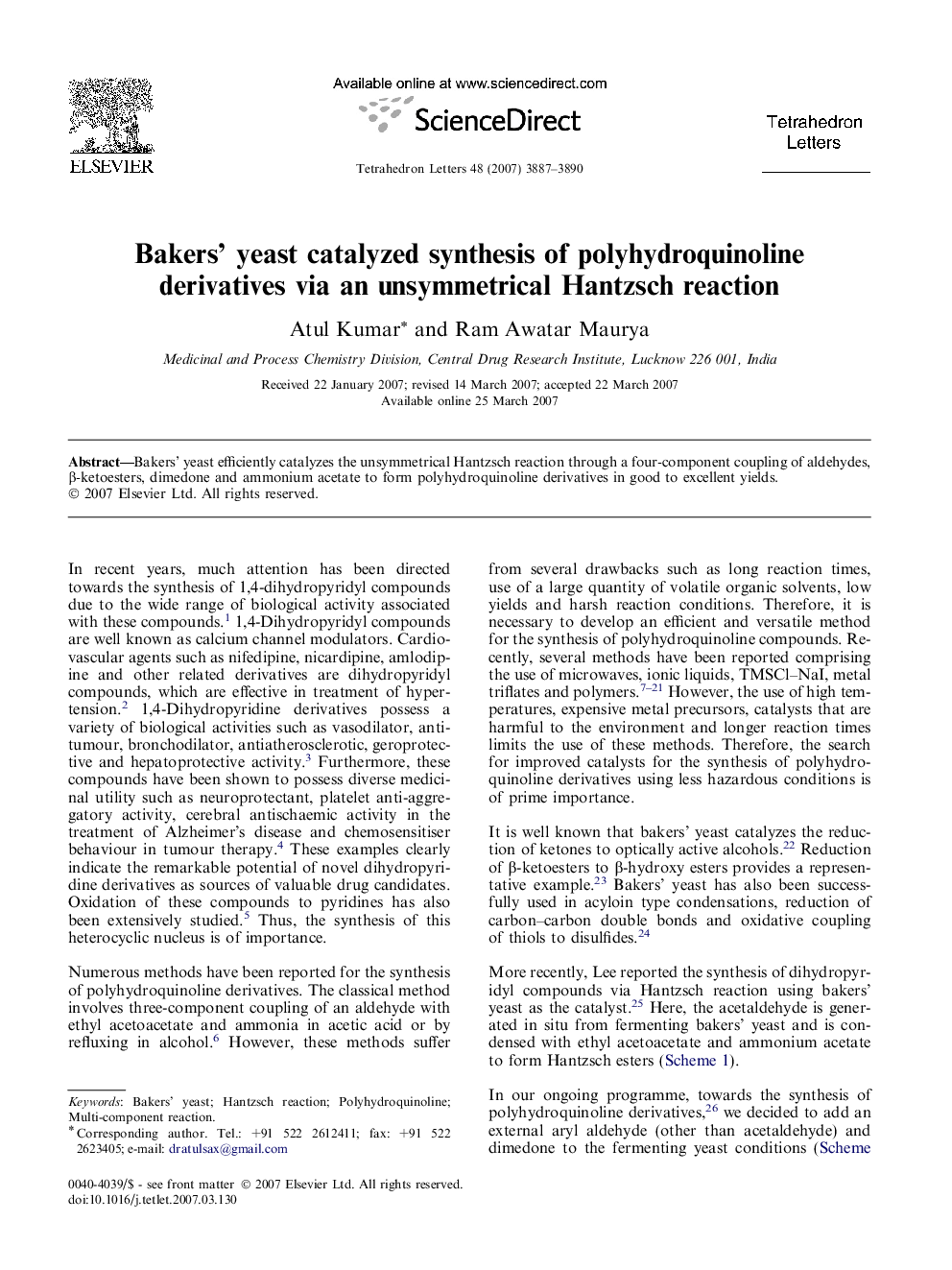 Bakers' yeast catalyzed synthesis of polyhydroquinoline derivatives via an unsymmetrical Hantzsch reaction