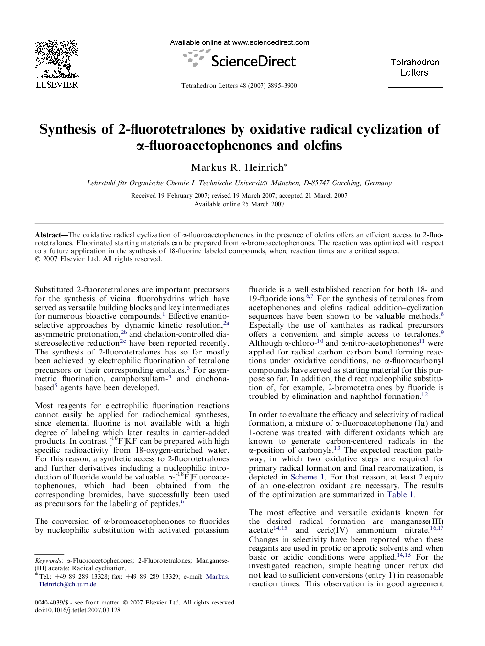 Synthesis of 2-fluorotetralones by oxidative radical cyclization of Î±-fluoroacetophenones and olefins