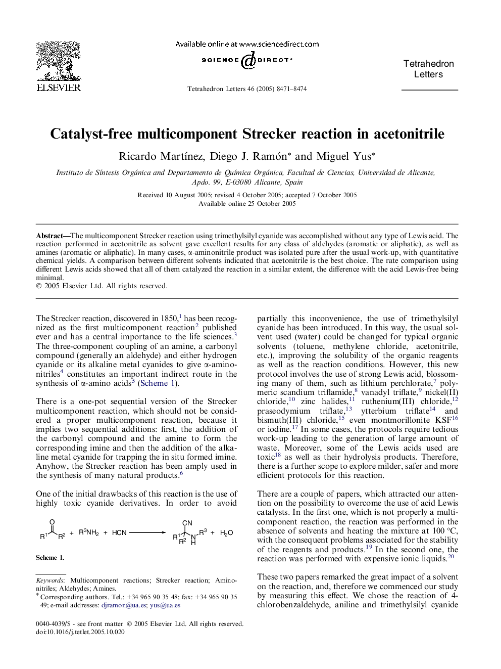 Catalyst-free multicomponent Strecker reaction in acetonitrile