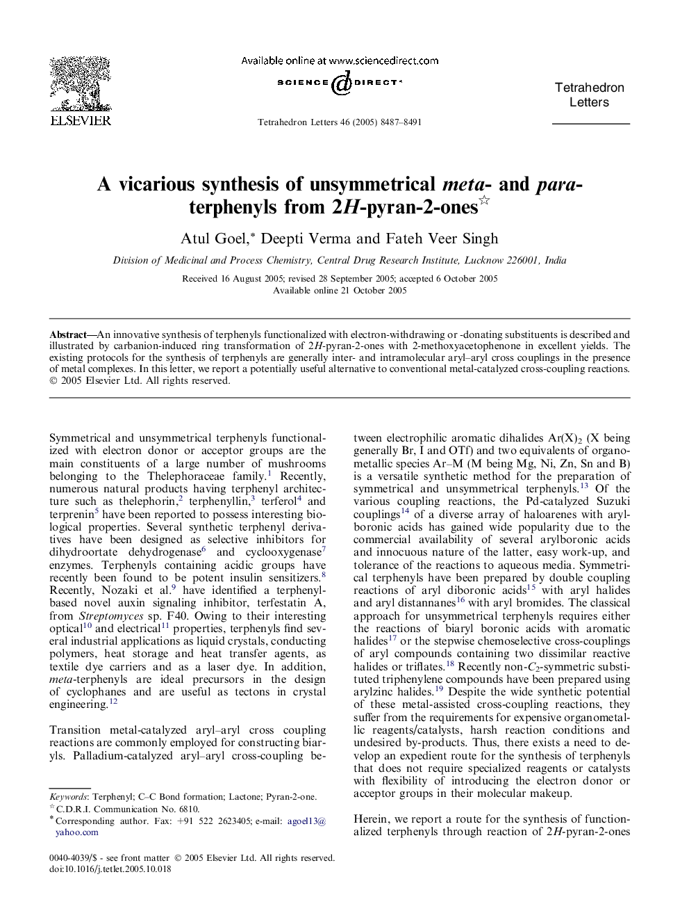 A vicarious synthesis of unsymmetrical meta- and para- terphenyls from 2H-pyran-2-ones