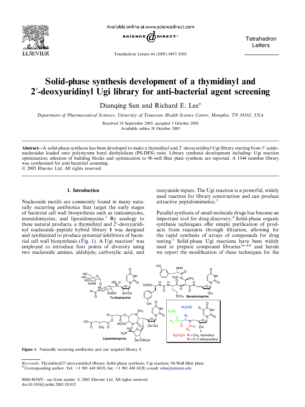 Solid-phase synthesis development of a thymidinyl and 2â²-deoxyuridinyl Ugi library for anti-bacterial agent screening