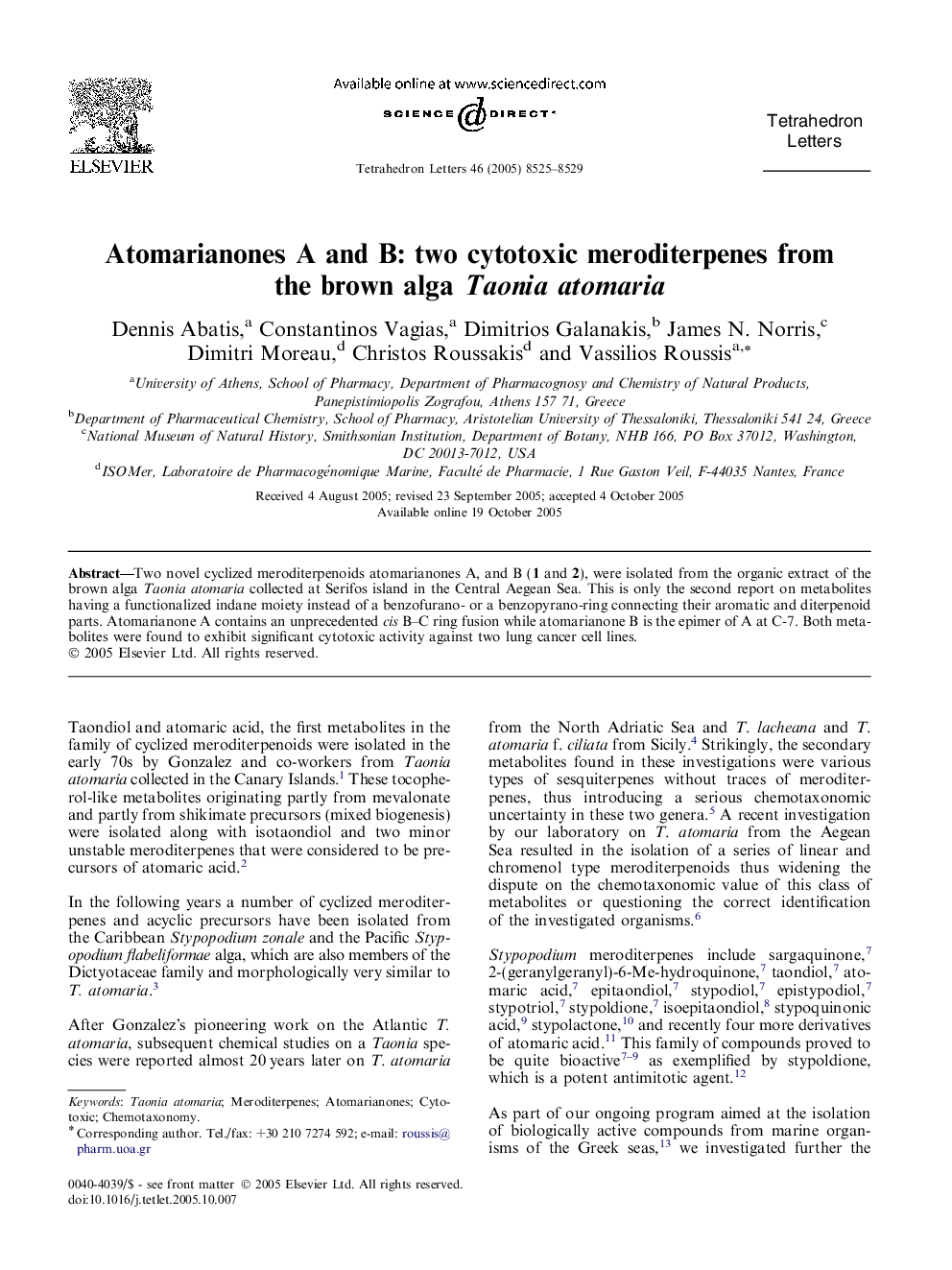 Atomarianones A and B: two cytotoxic meroditerpenes from the brown alga Taonia atomaria