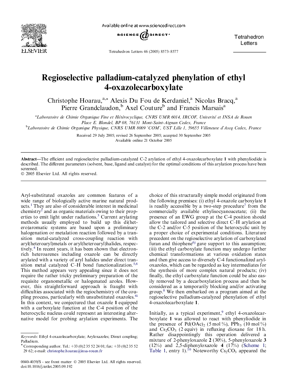 Regioselective palladium-catalyzed phenylation of ethyl 4-oxazolecarboxylate