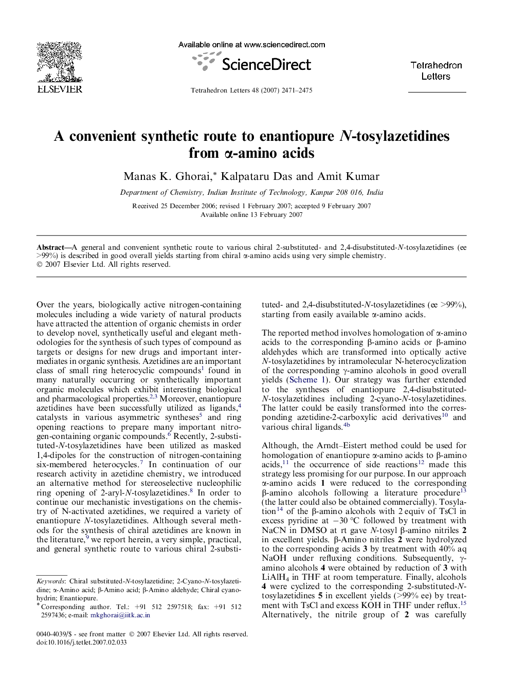 A convenient synthetic route to enantiopure N-tosylazetidines from Î±-amino acids