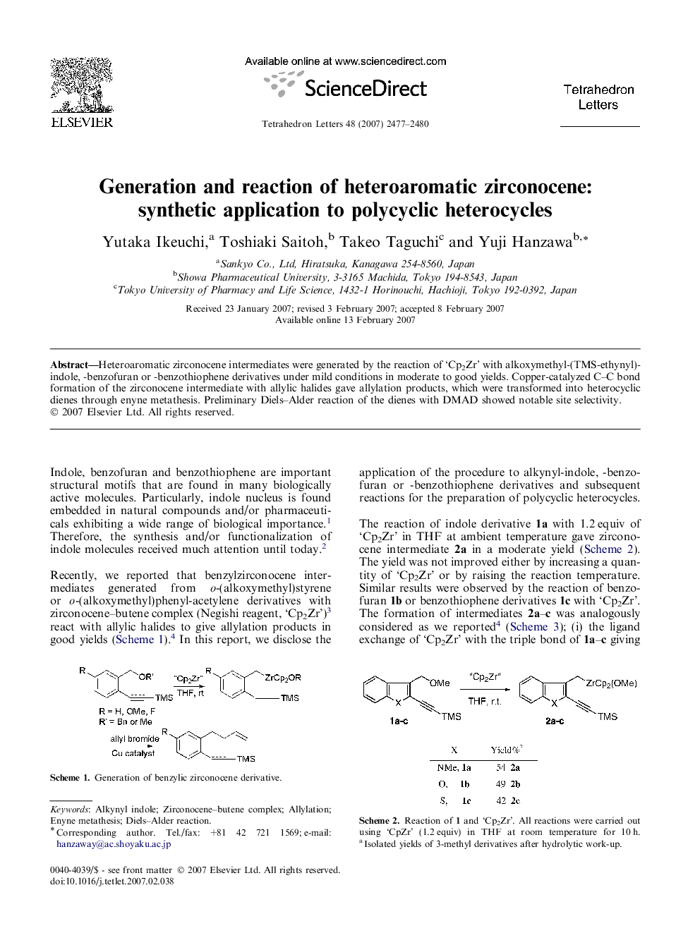 Generation and reaction of heteroaromatic zirconocene: synthetic application to polycyclic heterocycles