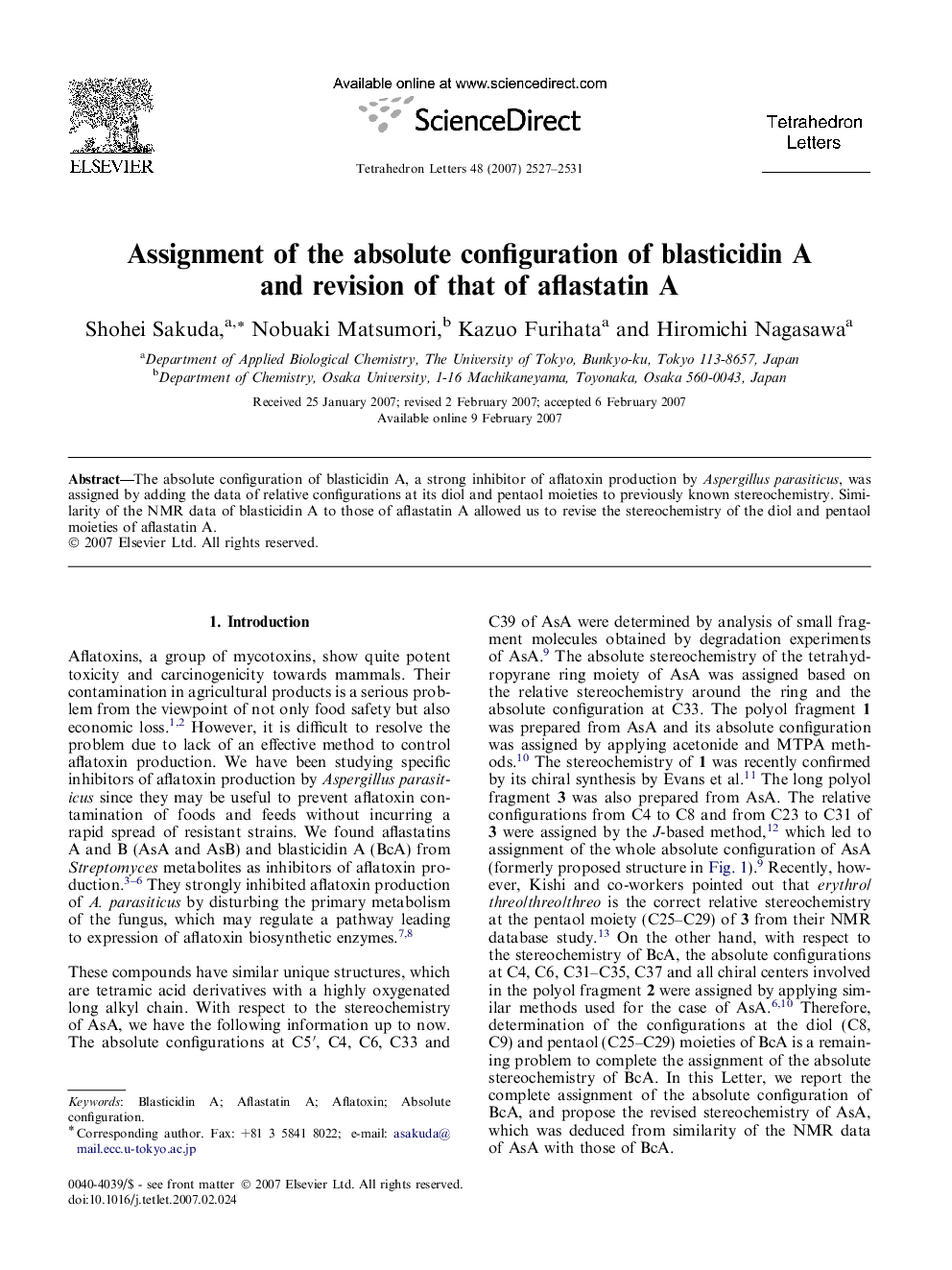 Assignment of the absolute configuration of blasticidin A and revision of that of aflastatin A