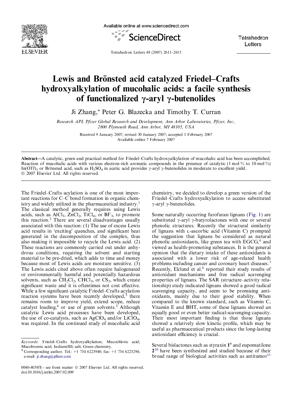 Lewis and Brönsted acid catalyzed Friedel-Crafts hydroxyalkylation of mucohalic acids: a facile synthesis of functionalized Î³-aryl Î³-butenolides