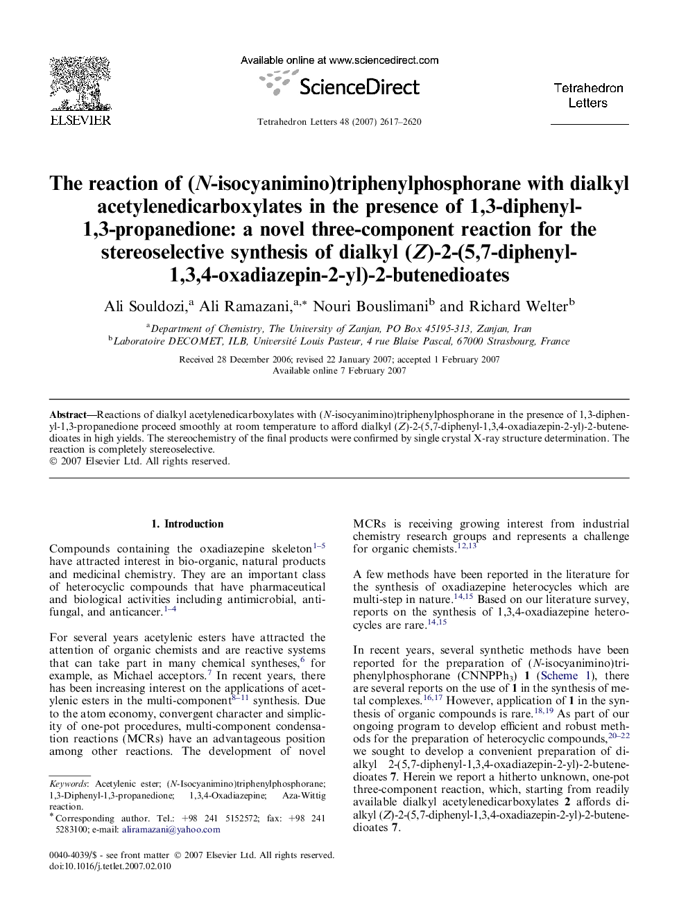 The reaction of (N-isocyanimino)triphenylphosphorane with dialkyl acetylenedicarboxylates in the presence of 1,3-diphenyl-1,3-propanedione: a novel three-component reaction for the stereoselective synthesis of dialkyl (Z)-2-(5,7-diphenyl-1,3,4-oxadiazepin