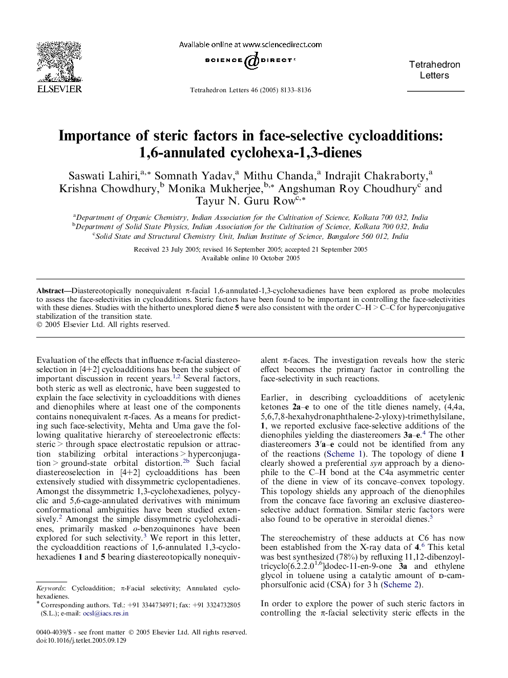 Importance of steric factors in face-selective cycloadditions: 1,6-annulated cyclohexa-1,3-dienes