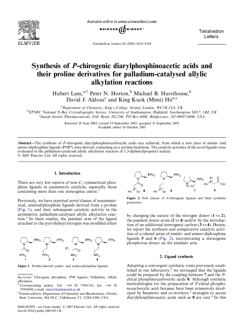 Synthesis of P-chirogenic diarylphosphinoacetic acids and their proline derivatives for palladium-catalysed allylic alkylation reactions