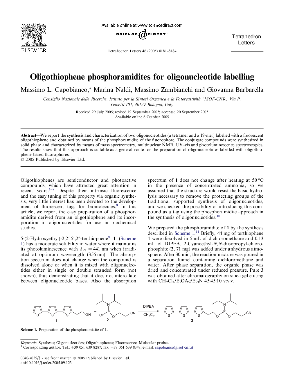 عکس صفحه اول مقاله: Oligothiophene phosphoramidites for oligonucleotide labelling Oligothiophene phosphoramidites for oligonucleotide labelling
