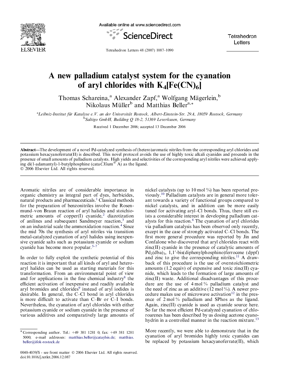 A new palladium catalyst system for the cyanation of aryl chlorides with K4[Fe(CN)6]