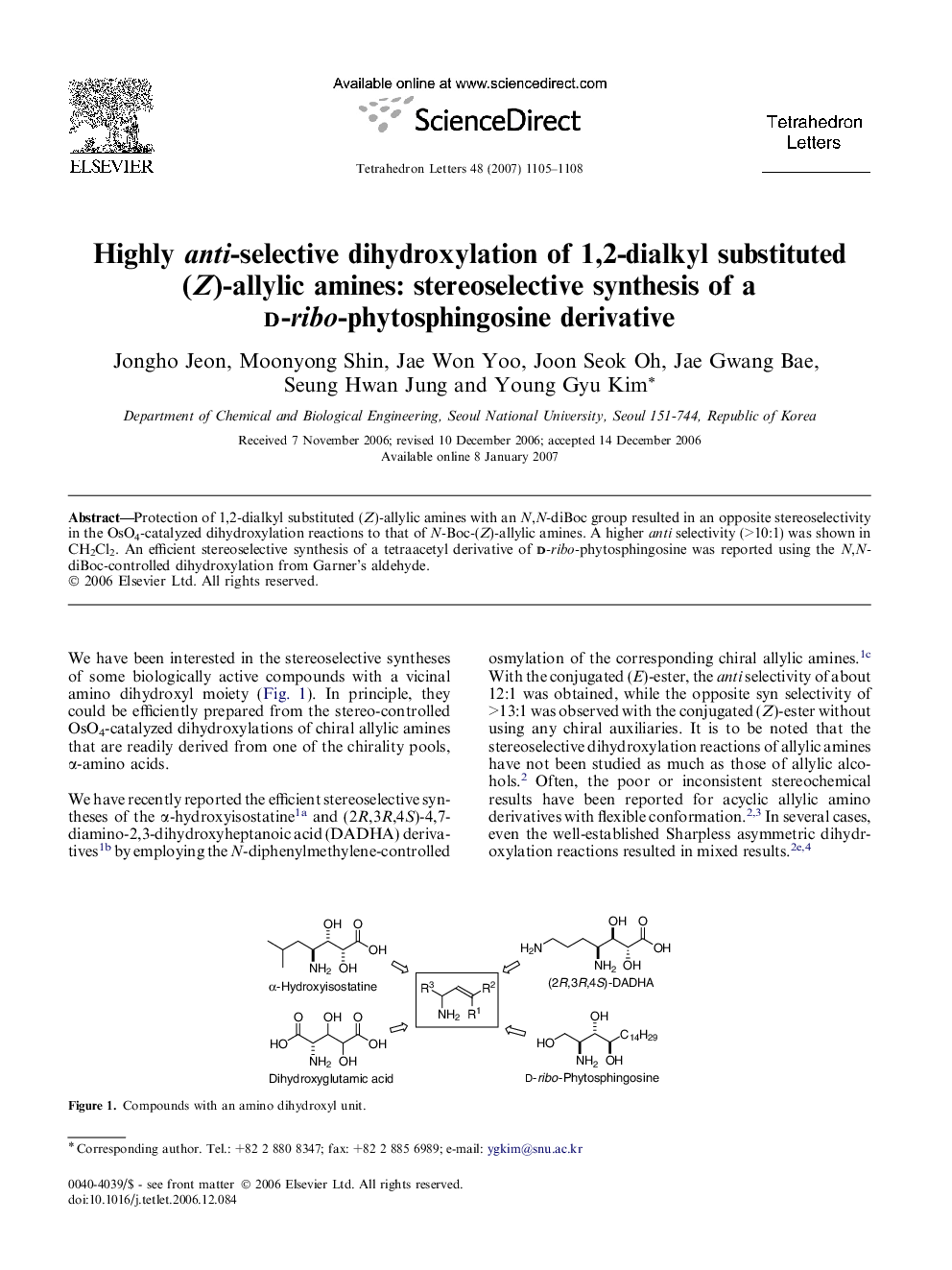 Highly anti-selective dihydroxylation of 1,2-dialkyl substituted (Z)-allylic amines: stereoselective synthesis of a d-ribo-phytosphingosine derivative