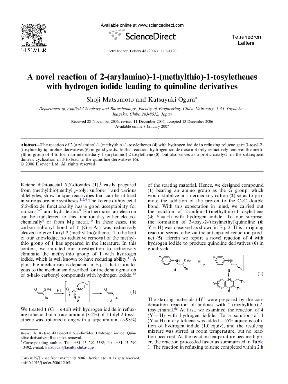 A novel reaction of 2-(arylamino)-1-(methylthio)-1-tosylethenes with hydrogen iodide leading to quinoline derivatives