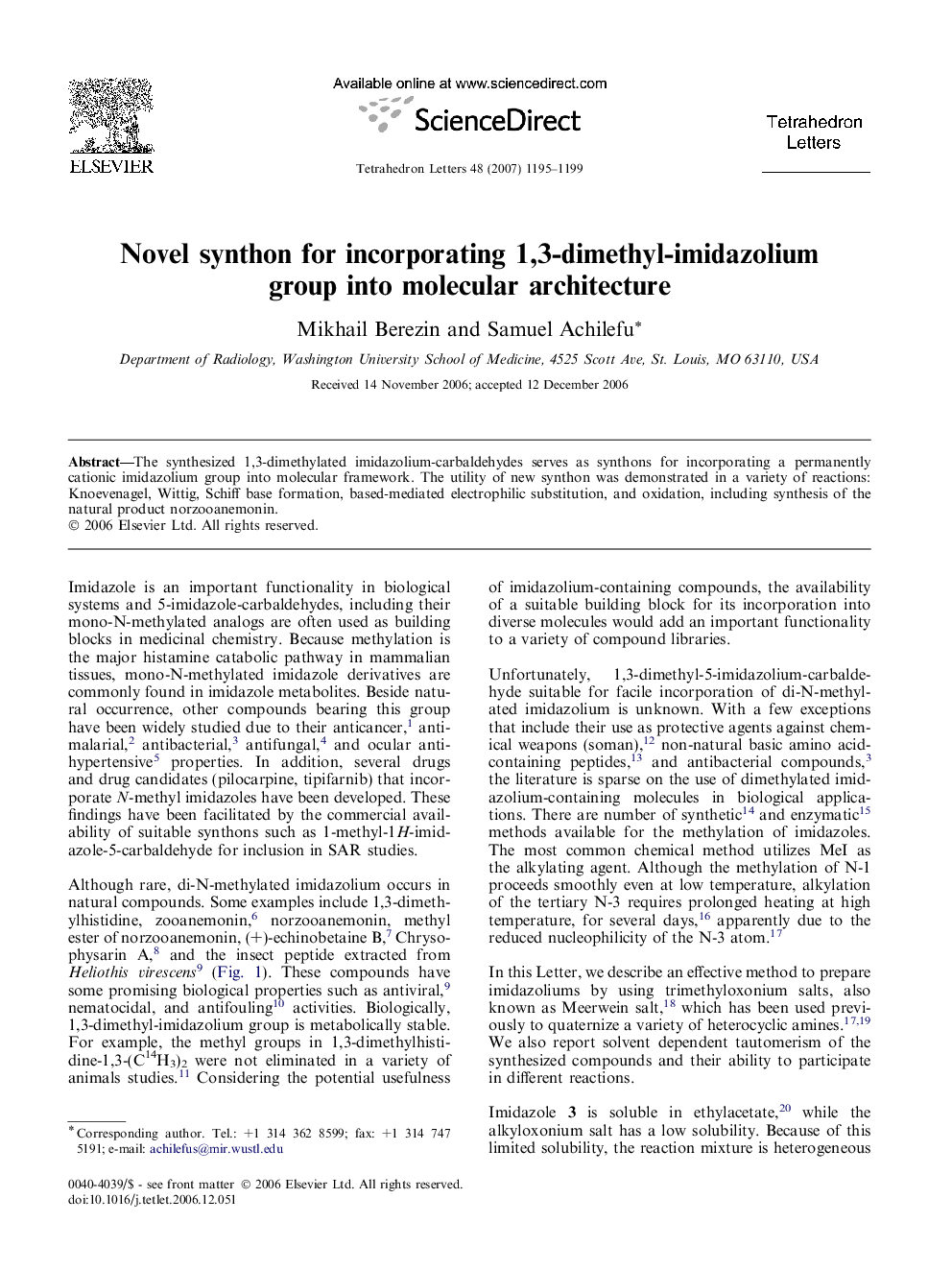 Novel synthon for incorporating 1,3-dimethyl-imidazolium group into molecular architecture