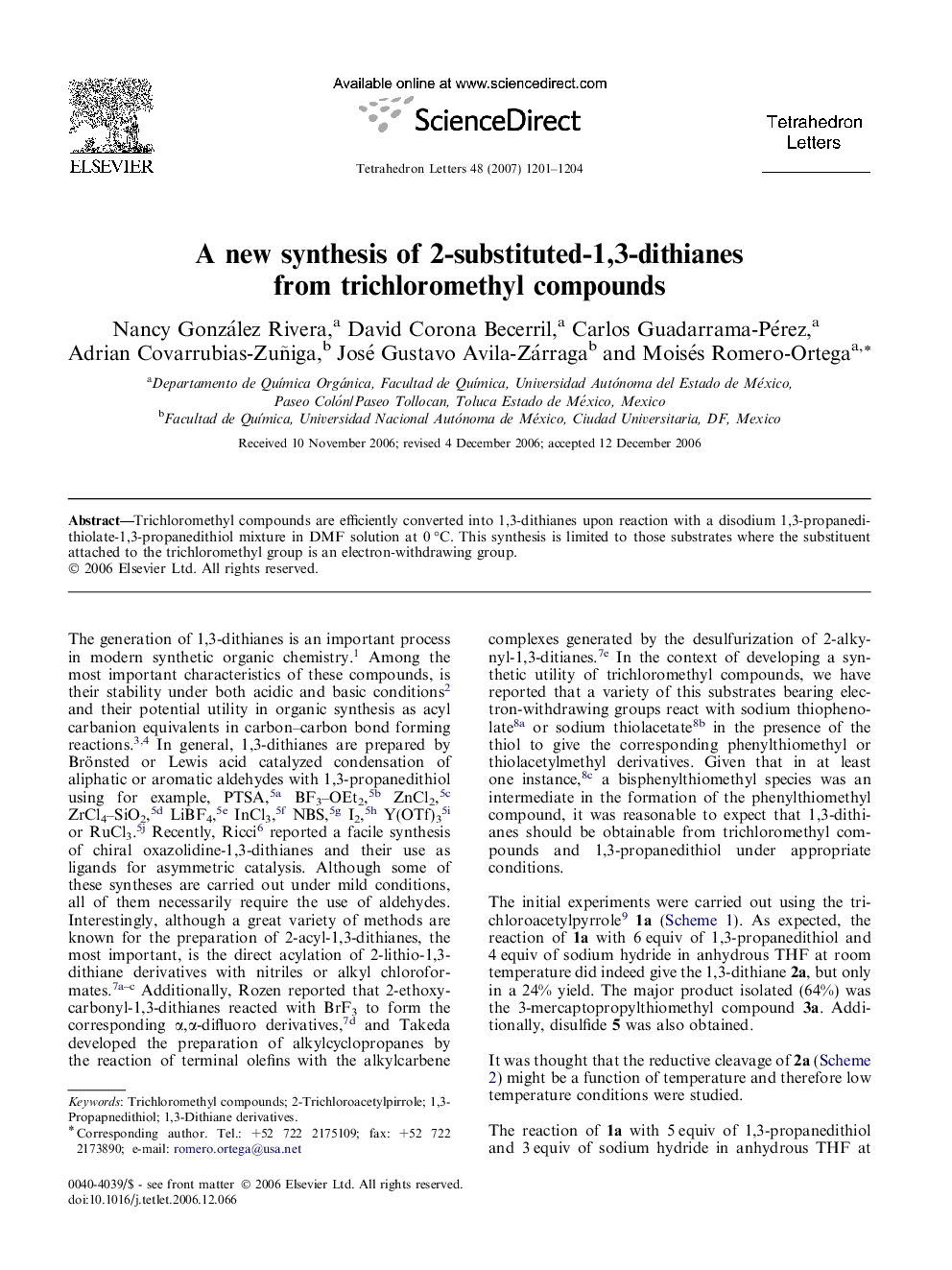 A new synthesis of 2-substituted-1,3-dithianes from trichloromethyl compounds