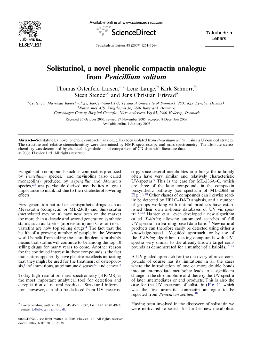 Solistatinol, a novel phenolic compactin analogue from Penicillium solitum