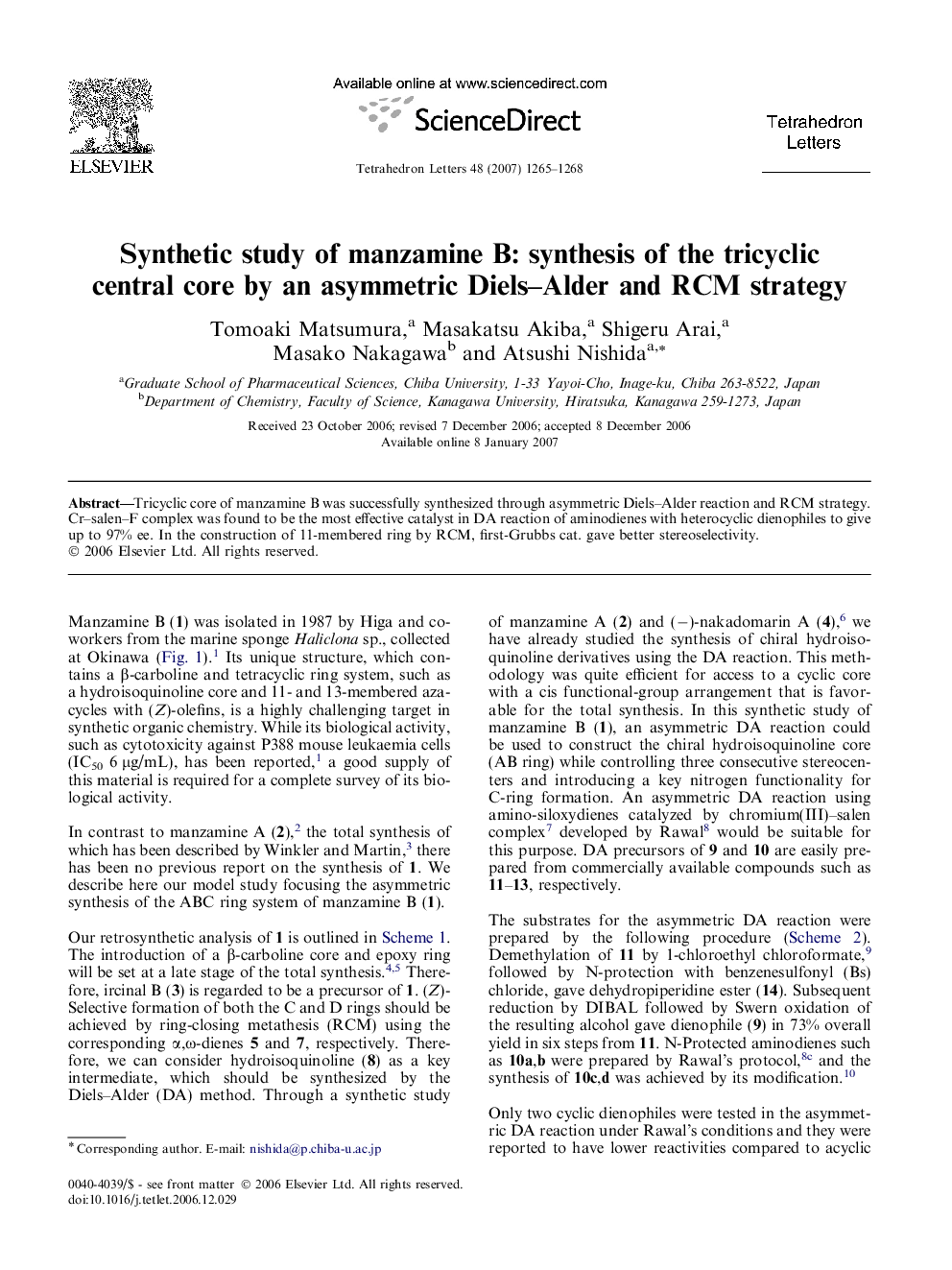 Synthetic study of manzamine B: synthesis of the tricyclic central core by an asymmetric Diels-Alder and RCM strategy