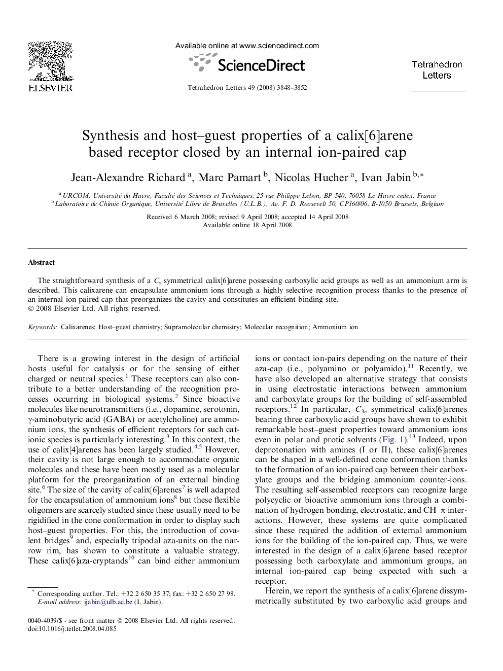 Synthesis and host-guest properties of a calix[6]arene based receptor closed by an internal ion-paired cap