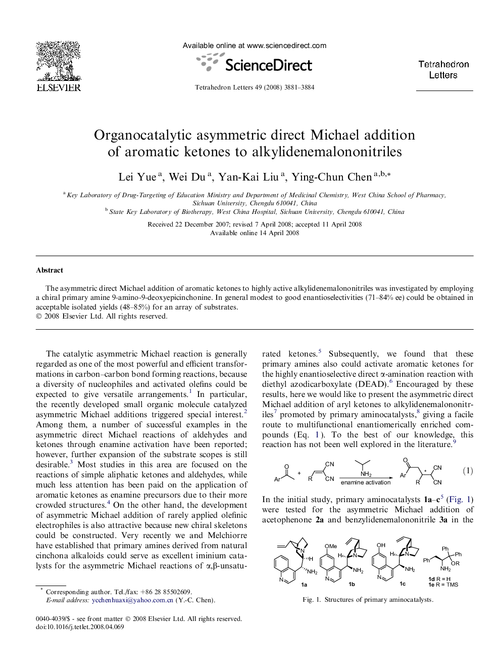 Organocatalytic asymmetric direct Michael addition of aromatic ketones to alkylidenemalononitriles