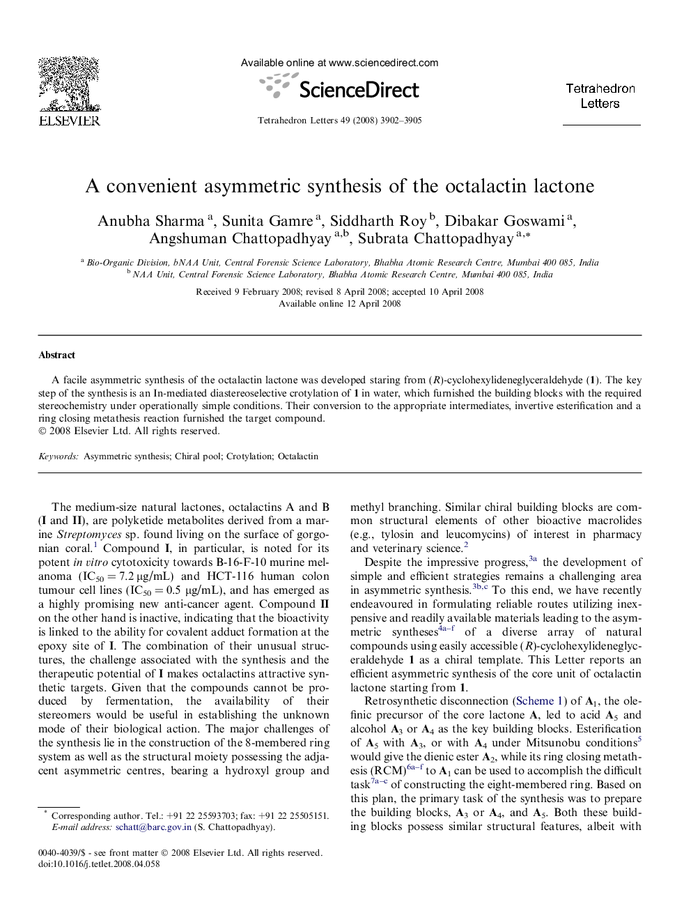 A convenient asymmetric synthesis of the octalactin lactone