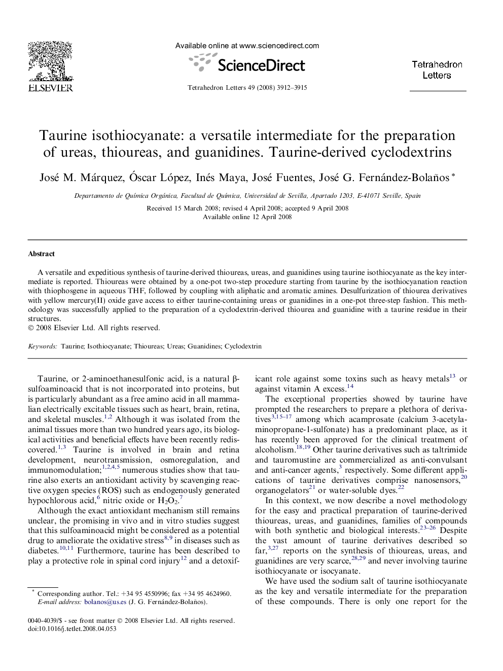 Taurine isothiocyanate: a versatile intermediate for the preparation of ureas, thioureas, and guanidines. Taurine-derived cyclodextrins