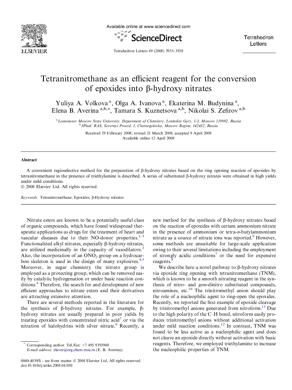 Tetranitromethane as an efficient reagent for the conversion of epoxides into Î²-hydroxy nitrates