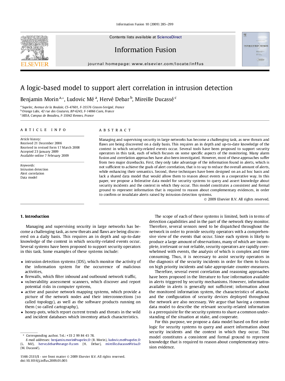 A logic-based model to support alert correlation in intrusion detection