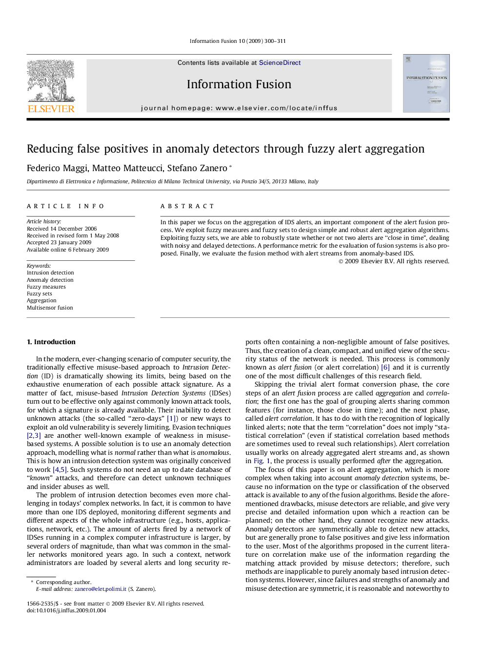 Reducing false positives in anomaly detectors through fuzzy alert aggregation