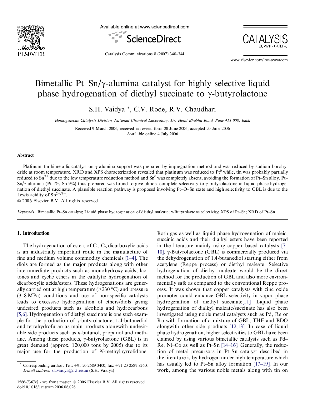 Bimetallic Pt–Sn/γ-alumina catalyst for highly selective liquid phase hydrogenation of diethyl succinate to γ-butyrolactone