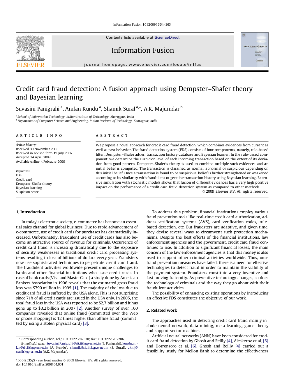 Credit card fraud detection: A fusion approach using Dempster–Shafer theory and Bayesian learning