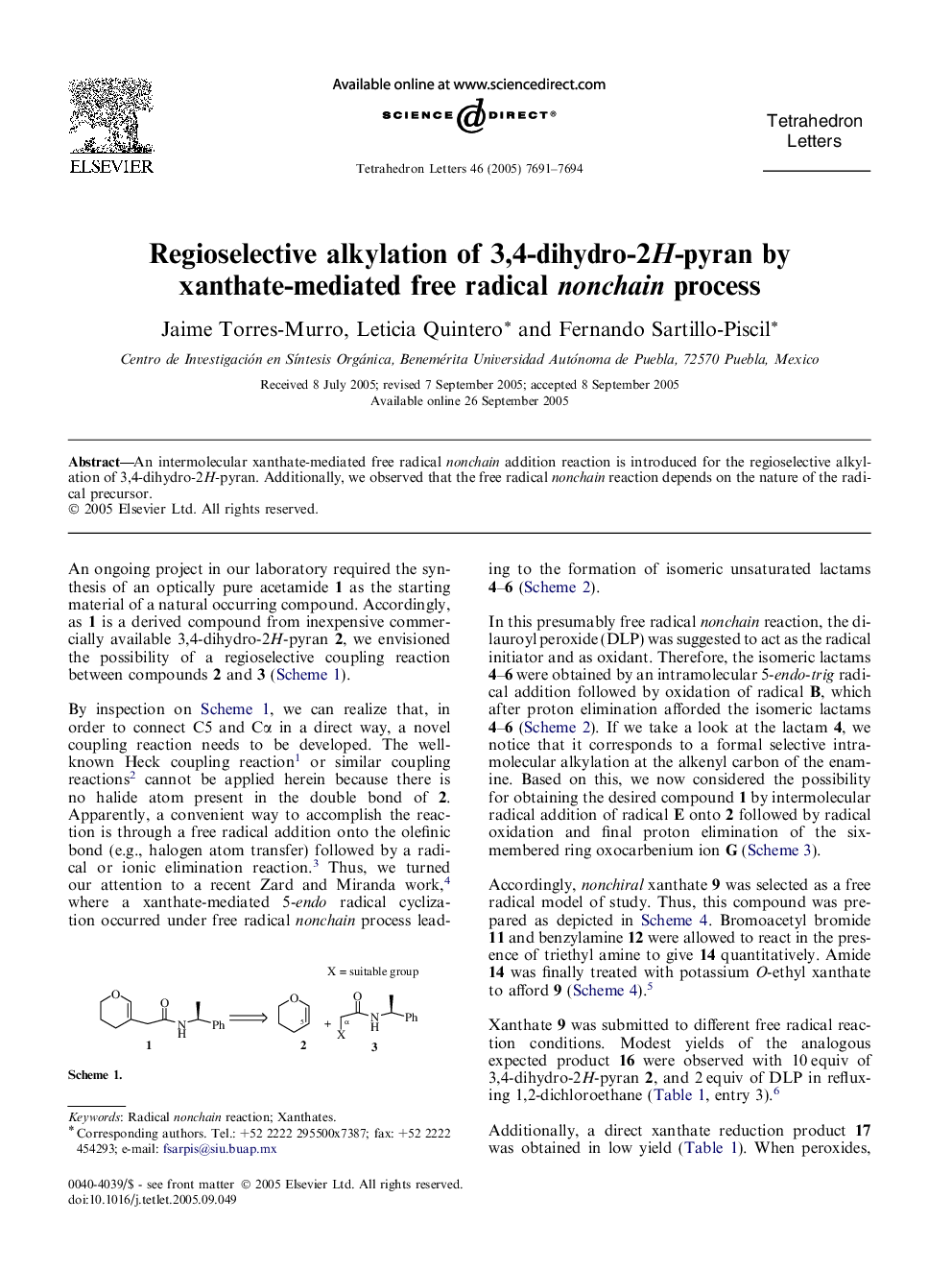 Regioselective alkylation of 3,4-dihydro-2H-pyran by xanthate-mediated free radical nonchain process