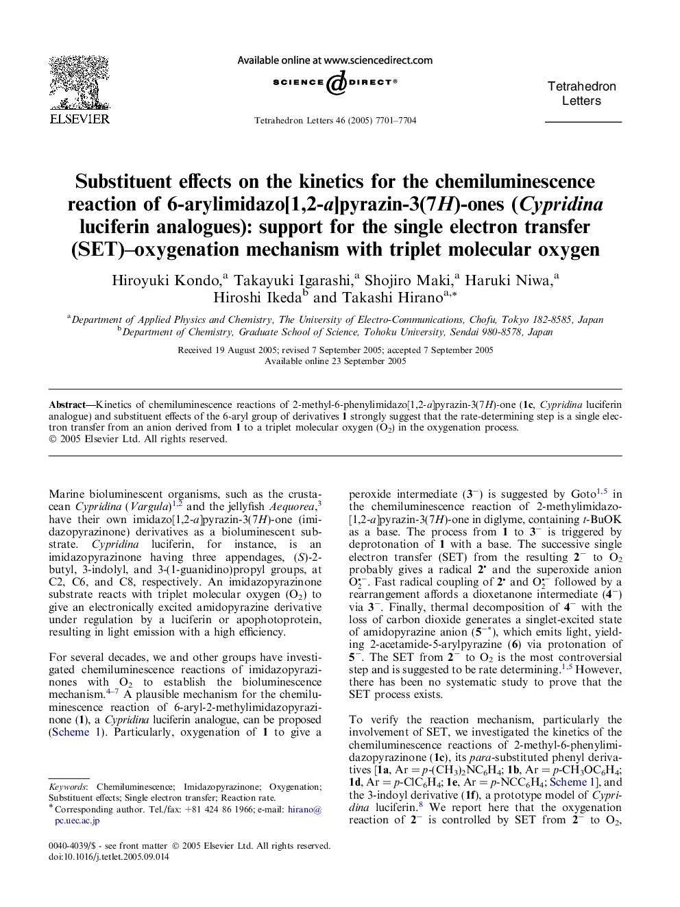 Substituent effects on the kinetics for the chemiluminescence reaction of 6-arylimidazo[1,2-a]pyrazin-3(7H)-ones (Cypridina luciferin analogues): support for the single electron transfer (SET)-oxygenation mechanism with triplet molecular oxygen