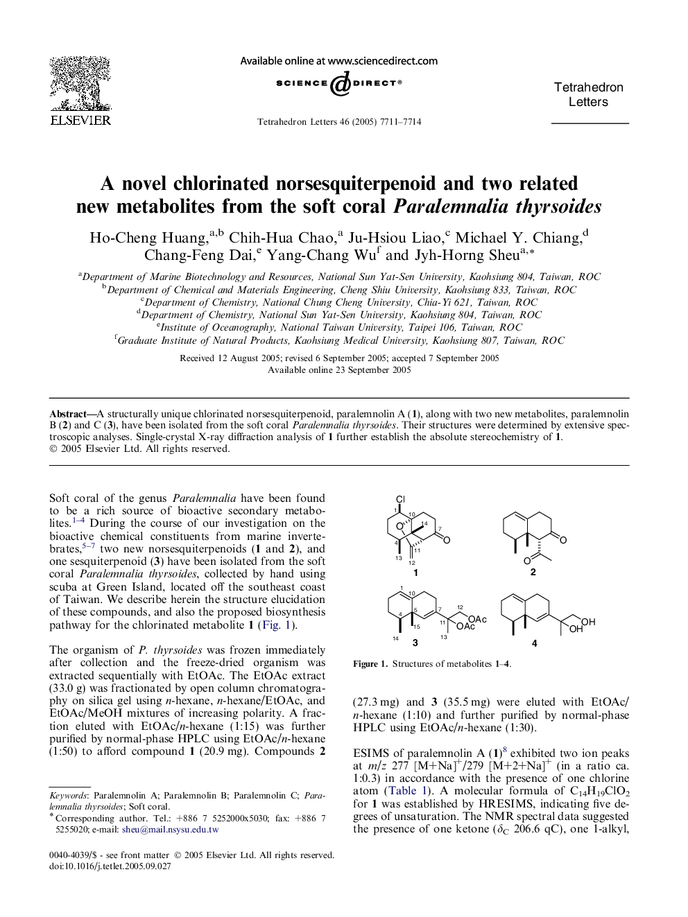 A novel chlorinated norsesquiterpenoid and two related new metabolites from the soft coral Paralemnalia thyrsoides