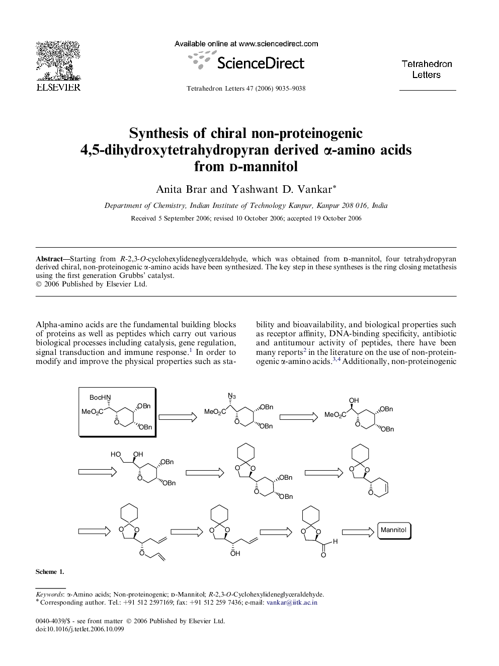 Synthesis of chiral non-proteinogenic 4,5-dihydroxytetrahydropyran derived Î±-amino acids from d-mannitol