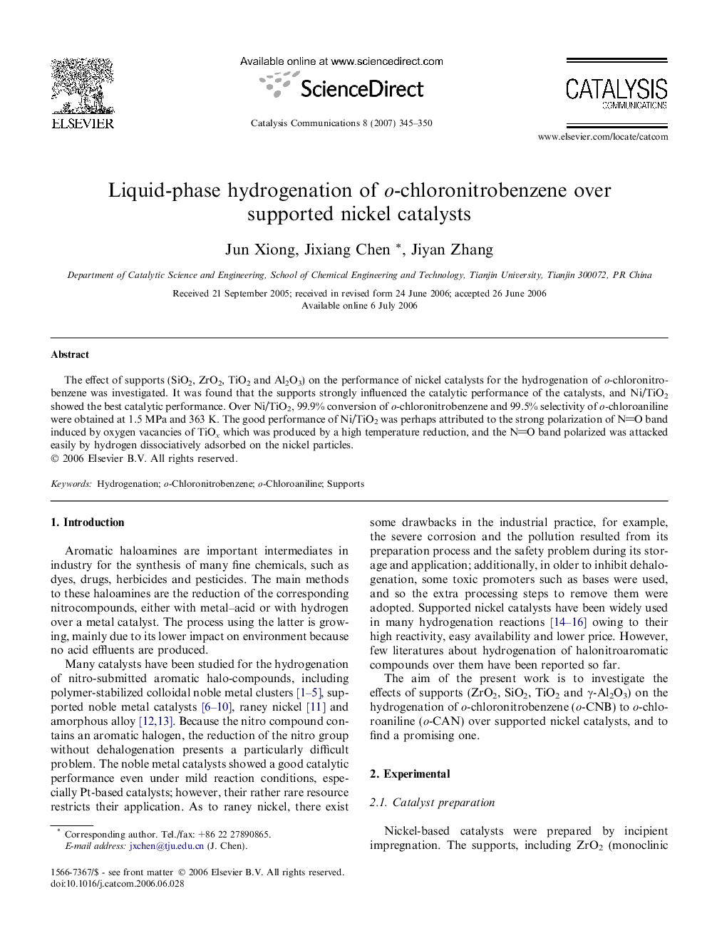 Liquid-phase hydrogenation of o-chloronitrobenzene over supported nickel catalysts