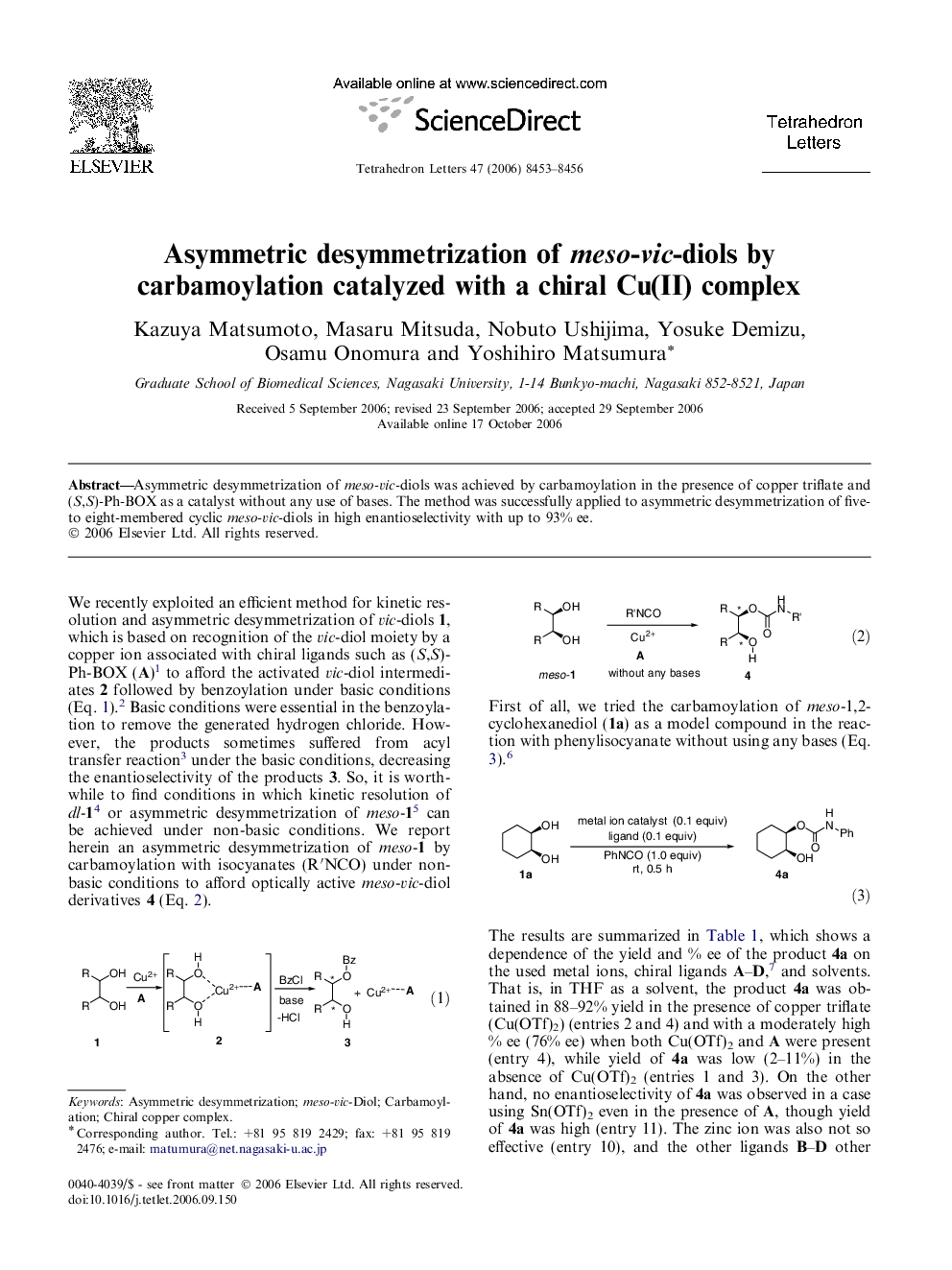 Asymmetric desymmetrization of meso-vic-diols by carbamoylation catalyzed with a chiral Cu(II) complex