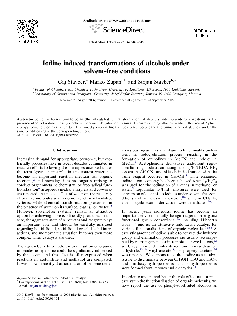 Iodine induced transformations of alcohols under solvent-free conditions