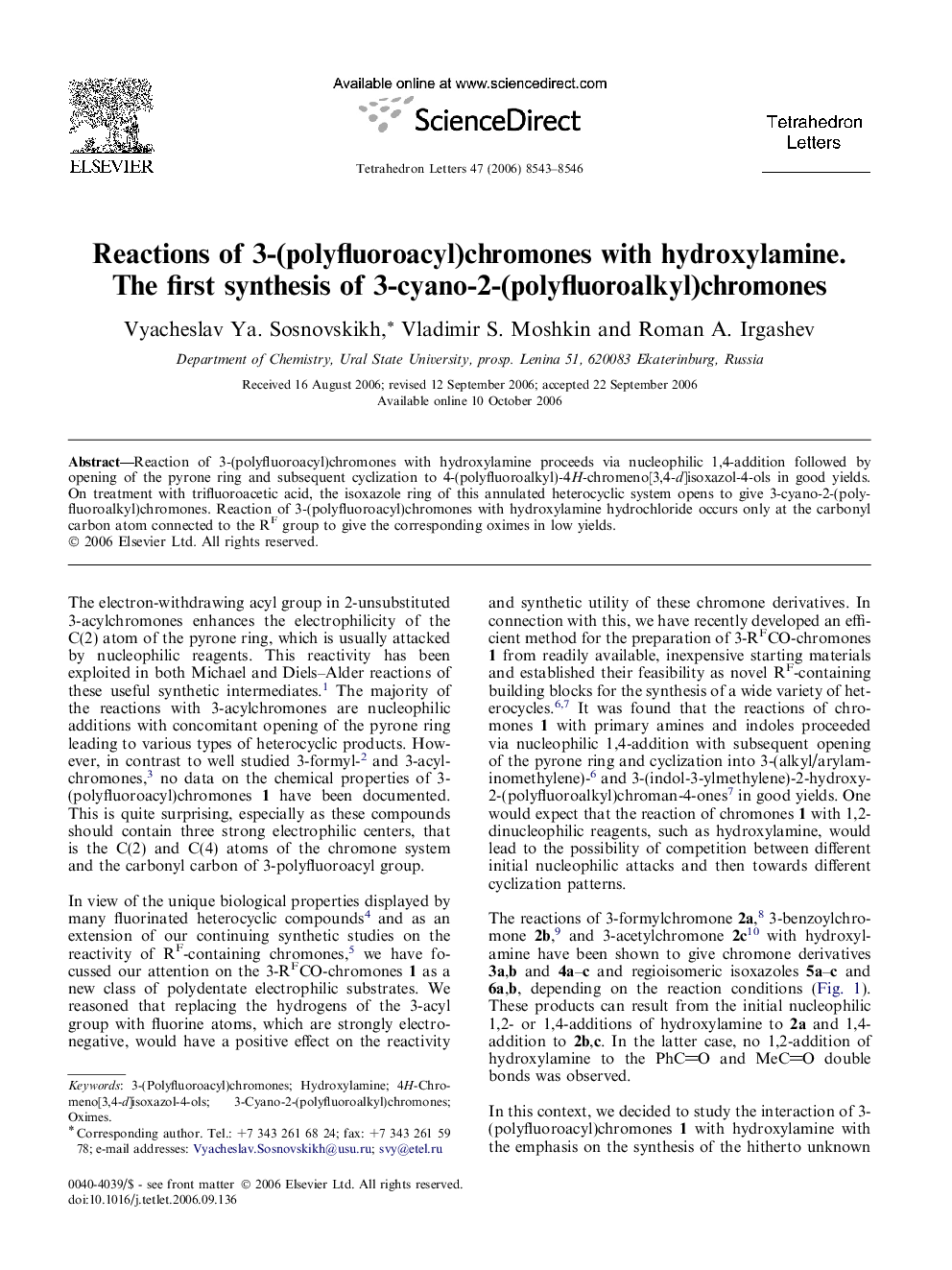 Reactions of 3-(polyfluoroacyl)chromones with hydroxylamine. The first synthesis of 3-cyano-2-(polyfluoroalkyl)chromones